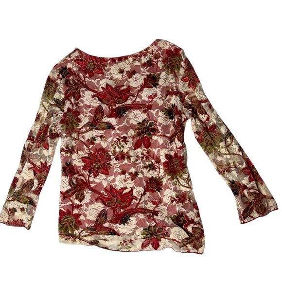 Y2K Vintage‎ Brittany Black Women's L Floral All Over Top Lace Mesh Red White - Picture 4 of 8